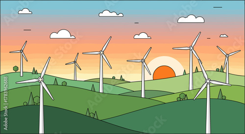 Scenic landscape with wind turbines at sunset over rolling hills