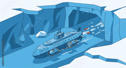 Futuristic submarine navigating ice cave with torpedoes in bold adventure scene
