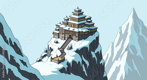 Majestic snow-covered mountain monastery with dramatic peaks