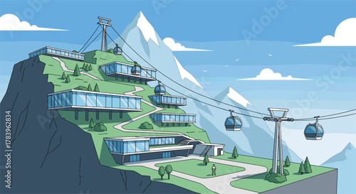 Modern mountain resort with cable cars and scenic views in a beautiful landscape