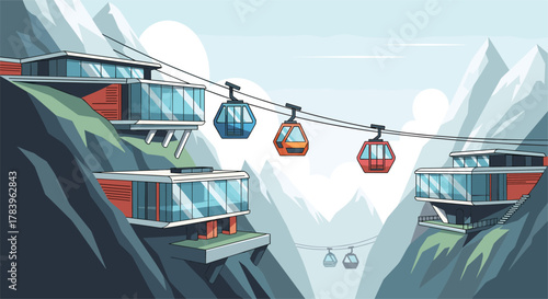 Futuristic mountain cableway with modern buildings amidst scenic peaks