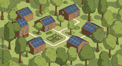 Sustainable eco village with solar panel rooftops and garden amidst lush forest