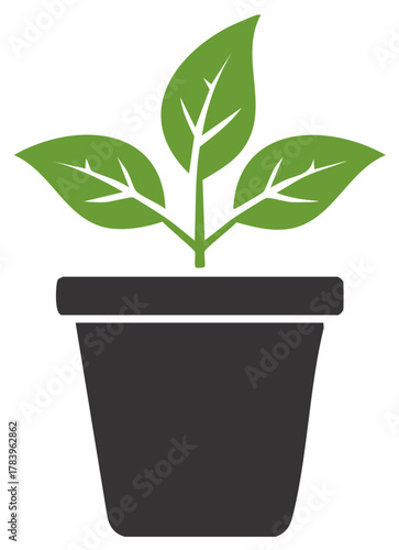 Small potted plant icon with green leaves growing in a dark container representing nature and growth