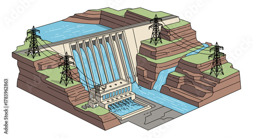 Hydroelectric dam in isometric style with flowing water and power lines
