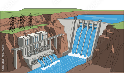 Hydroelectric dam with flowing water and power lines in detailed flat style