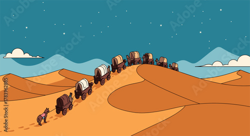 Wagon caravan on desert dunes at night with starry sky