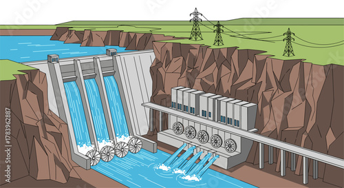 Hydroelectric dam in isometric landscape with water flow and power lines