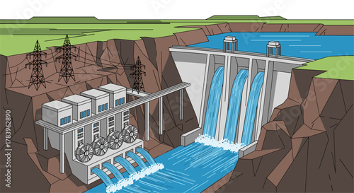 Hydroelectric power plant in cutaway view with flowing water and turbines