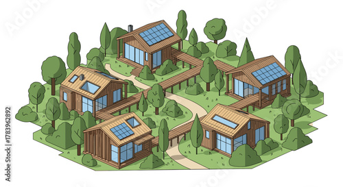 Sustainable eco village with solar panels and green landscape