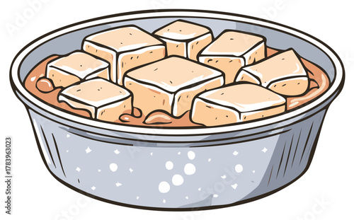Bowl of tofu cubes in sauce illustration. Vegetarian meal cartoon rendering. Asian dish for menus and designs.
