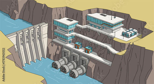 Modern isometric hydroelectric dam facility with turbines and river