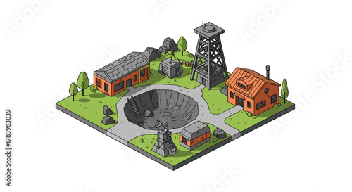 Isometric mining site with buildings and machinery on grass