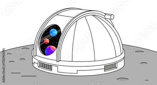 Futuristic dome observatory on moon's surface with colorful planetary view