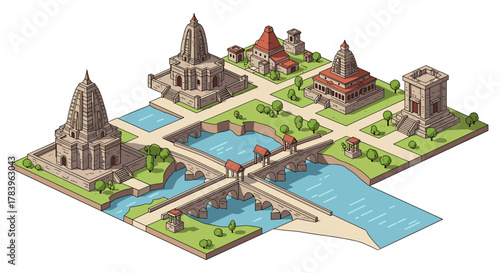 Isometric ancient temple cityscape with bridges and waterways