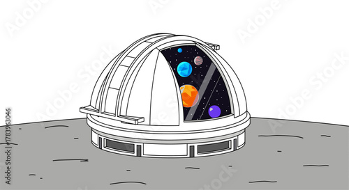 Futuristic observatory dome with planetary view in outer space