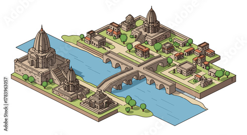 Ancient indian architecture in isometric style with temples and river