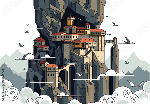 Majestic mountain village: ancient architecture and rugged terrain