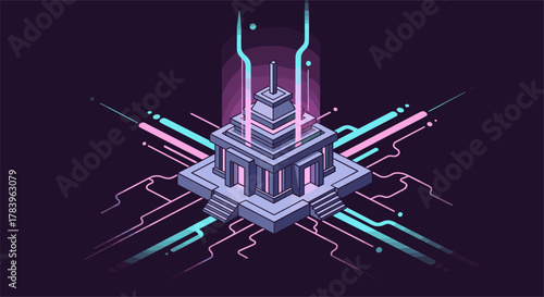 Futuristic neon circuit temple in isometric cyberpunk style