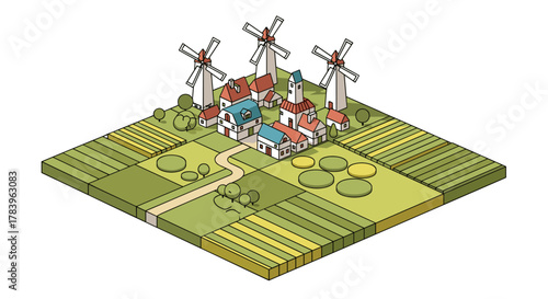 Charming isometric countryside village with windmills and farmland