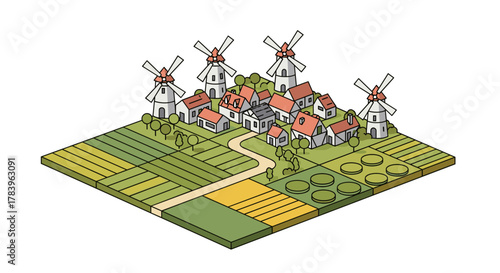 Isometric rural landscape with windmills and farmland