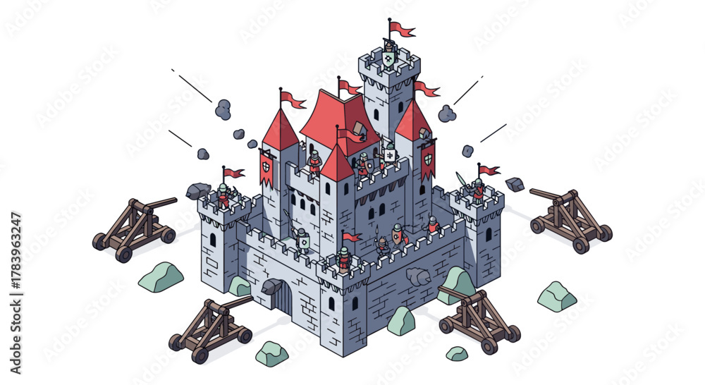 Obraz premium Medieval castle siege with knights and catapults in isometric style