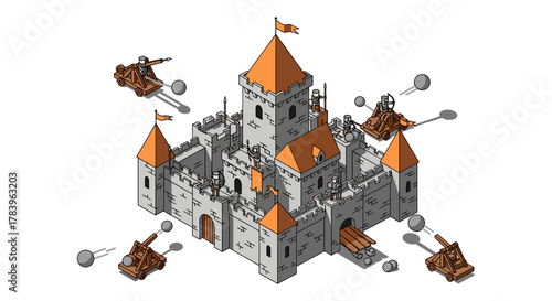 Medieval fortress with knights and catapults in isometric style