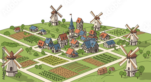 Peaceful windmill village on green hill with charming houses and gardens