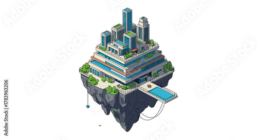 Isometric floating futuristic city with skyscrapers and green spaces on a suspended island