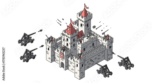 Medieval fortress with catapults and defenders in isometric art style
