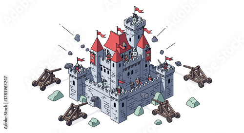Medieval castle siege with knights and catapults in isometric style