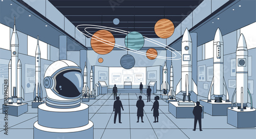 Modern space museum exhibit featuring rockets and planetary models in a blue monochrome linear style