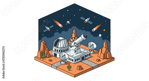 Isometric space observatory with telescopes and satellites in a starry desert landscape