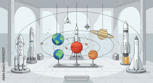 Space museum with rockets and planets in a linear exhibition display