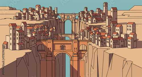 Isometric ancient cityscape with bridges spanning deep canyon