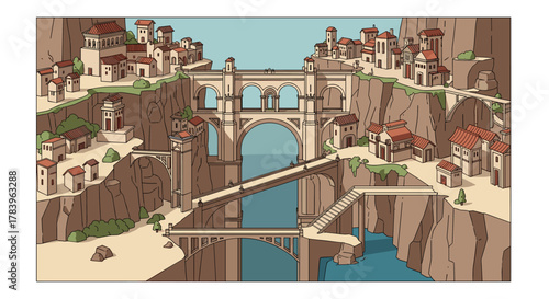 Ancient cliffside city with arch bridges and rustic architecture in flat style