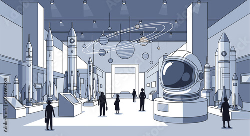 Futuristic space museum exhibit with rockets and planets display