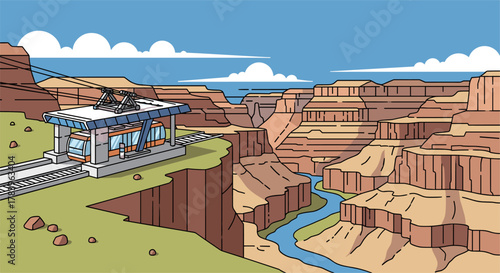 Cable car journey through majestic canyon landscape with clear blue sky