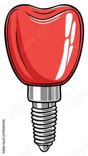 Stylized Red Tooth Implant Illustration Dental Prosthesis Design for Dentistry and Healthcare