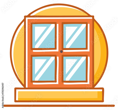 Cartoon Style Window with Window Box and Round Decorative Background