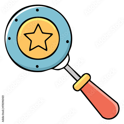 Cartoon illustration of a colorful baby rattle toy with star inside a circle, and a red handle for infants