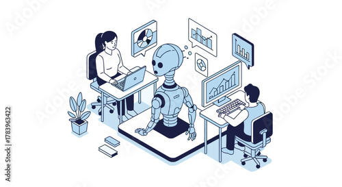 Collaborative workforce with ai robot in isometric office setting