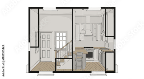 Modern isometric home kitchen interior with staircase