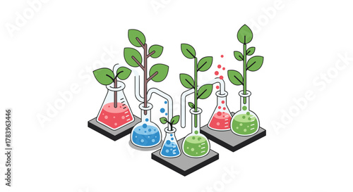Eco-friendly science experiment: cartoon plants and lab flask setup