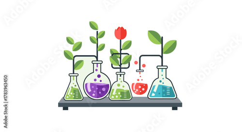 Eco-friendly science: plants and laboratory glassware fusion in flat design