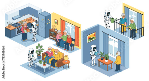 Senior companionship with modern robots in cozy home interiors