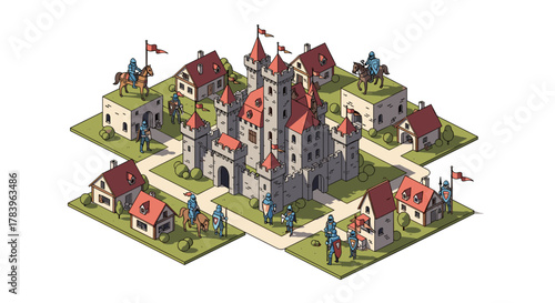 Medieval isometric castle village with knights and red roofs