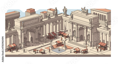 Ancient roman marketplace scene with statues and columns in isometric style