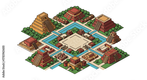 Isometric ancient cityscape with aztec pyramids and architecture