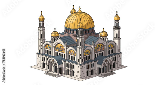 Isometric byzantine church with golden domes and arched windows