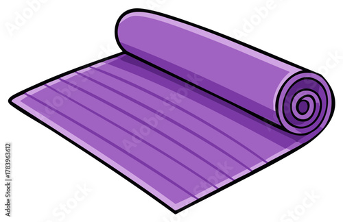 Bright purple partially rolled yoga mat illustration for fitness and meditation activities